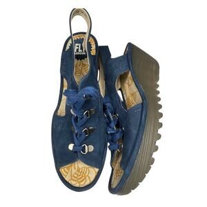 FLY LONDON Ylva Blue Suede Lace-Up Peeptoe Wedge Sandals Size 40 US 9